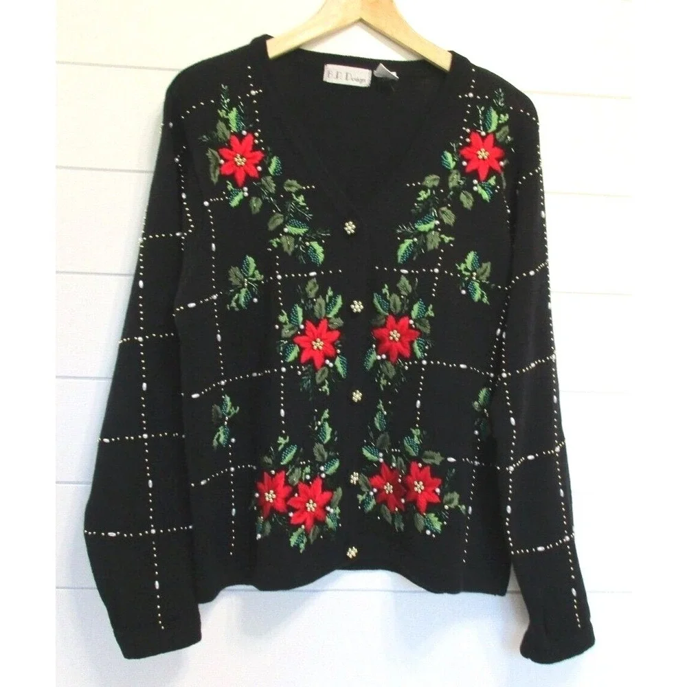 B.P. Design Womens Ramie Cotton Beaded Embroidered Cardigan Sweater size M Black